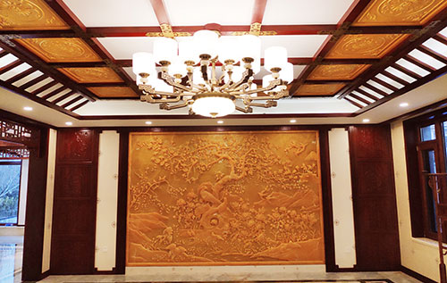 渭南中式别墅客厅中式木作横梁吊顶装饰展示