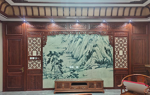 渭南中式仿古别墅客厅背景墙花格木作装饰
